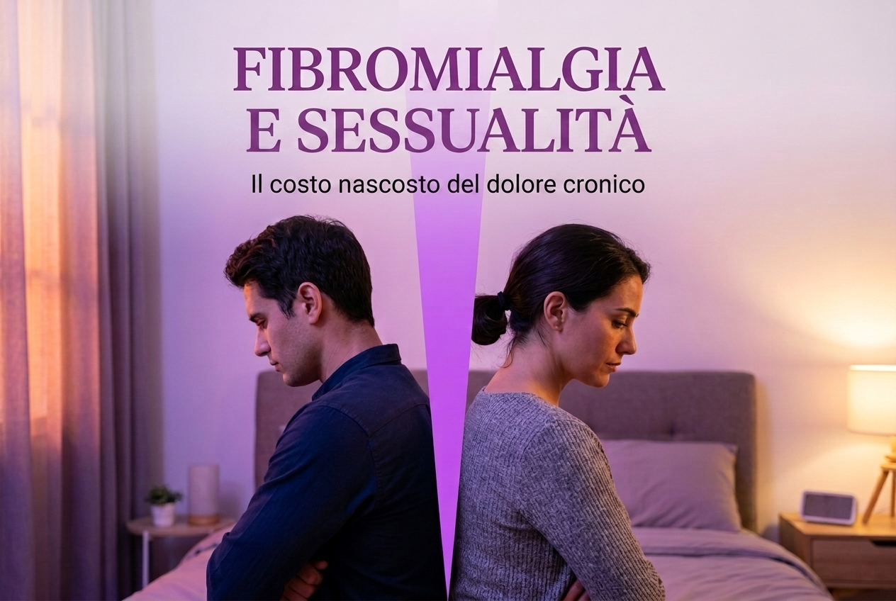 Coppia di spalle seduta sul letto, con luce viola, simbolo della distanza emotiva nel dolore cronico