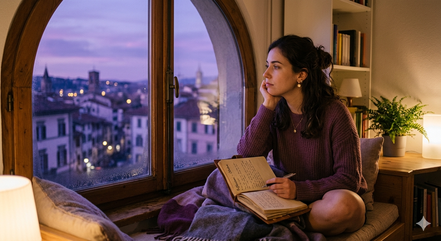 Donna pensierosa che osserva fuori la finestra con un diario